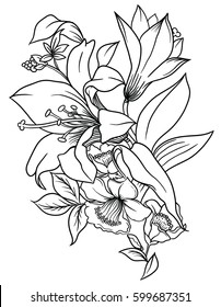 Bouquet of lilies and Daffodils. Element of decor. Bouquet in line style. Vector Flower Collection