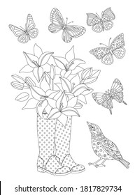 bouquet of lilies in rubber boots surrounded flying butterflies and curious bird looking on flowers for your coloring book