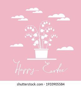 A bouquet of lilies of the valley in a vase on the background of clouds and the inscription "Happy Easter". Easter greeting card, vector image.