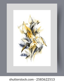 Bouquet of lily flowers with beautiful open or closed buds and long petals, on watercolor artwork. Bouquet of lilies created by professional florist as gift for friend on anniversary. Print, wall art