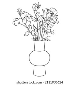 Bouquet in a linear style of eustoma in a vase .Sketch, modern art.