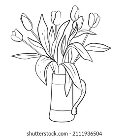 A bouquet in a linear style of tulips in a jug. Sketch, modern art.