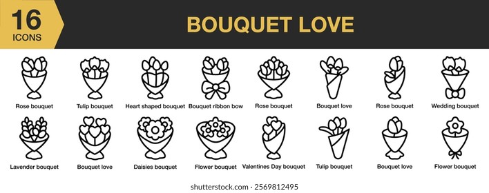 Bouquet Love icon set. Includes Bouquet, Flowers, Gift, Love, Romance, Valentine, and More. Outline icons vector collection.