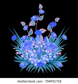 Bouquet of lovely blue flowers. Decor elements for greeting cards, wedding invitations, birthday and other celebrations. Isolated on black background.