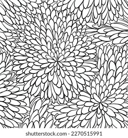 Bouquet of lush Japanese chrysanthemums flowers. Adult colouring page, art therapy, antistress. Cartoon linear doodle coloring poster. Line art illustration. Scalable vector graphic. 