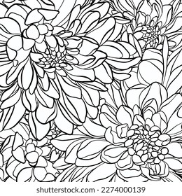 Bouquet of lush Japanese chrysanthemums flowers. Adult colouring page, art therapy, antistress. Cartoon linear doodle coloring poster. Line art illustration. Scalable vector graphic. 