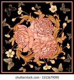 Bouquet of luxurious flowers peonies, baroque style ornament details and butterflies. Black, pink and gold foil print. Template for design scarf or pillow. Vector. Vintage art. Floral pattern.