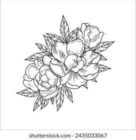 Ramo de flores de peonías de lujo. Elemento botánico de moda. Boda de flores silvestres elegantes para la invitación de guardar la tarjeta de la fecha. Vector verde de moda. Ilustración dibujada a mano del vector en fondos blancos.