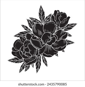 Ramo de flores de peonías de lujo. Elemento botánico de moda. Boda de flores silvestres elegantes para la invitación de guardar la tarjeta de la fecha. Vector verde de moda. Ilustración dibujada a mano del vector en fondos blancos.