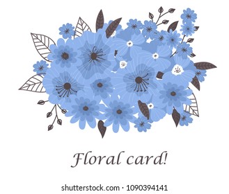 Bouquet made of various blue flowers and leaves. Template design with space for text.