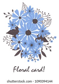 Bouquet made of various blue flowers and leaves. Template design with space for text.