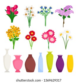 Bouquet maker - different flowers and vases vector elements. Colored bouquet flower blossom illustration