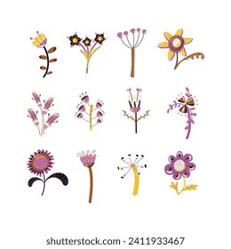 Bouquet maker - different flowers vector elements. Colored bouquet. Collection of various bright flowers isolated on a white background. For logo design, tattoo, postcard. Flat design. Vector