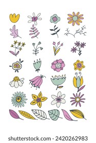 Bouquet maker - different flowers vector elements. Colored bouquet. Collection of various bright flowers isolated on a white background. For logo design, tattoo, postcard. Flat design. Vector