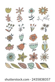 Bouquet maker - different flowers vector elements. Colored bouquet. Collection of various bright flowers isolated on a white background. For logo design, tattoo, postcard. Flat design. Vector