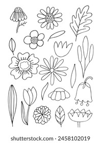 Bouquet maker - Elementos de Vector de flores diferentes. Ramo de colores. Colección de varias flores brillantes aisladas sobre un fondo blanco. Para el diseño del logotipo, tatuaje, postal. Diseño plano. Vector