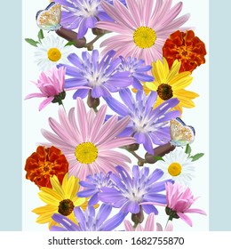 Bouquet of marigold flowers, blue wildflowers, sunflower, white and lilac daisies, seamless pattern, vector