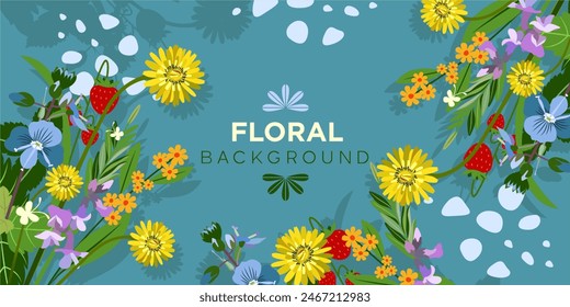 Ramo de flores de primavera pradera y fresas en Vector, estilo plano. Decoración de fondo con flores de primavera y verano.