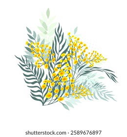 Bouquet of mimosa. Hello spring hand drawn. Not AI, Vector illustration.