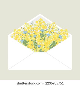 Bouquet de mimosa en el sobre postal. Flores amarillas primaverales. Regalo para mamá, chica, tarjeta de saludo