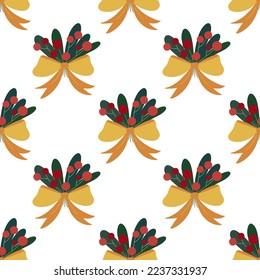 Bouquet of mistletoe and big gold bow. Christmas festival seamless pattern.