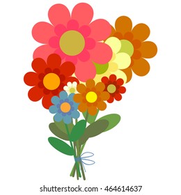 A bouquet of multi-colored daisies. Flowers on branches with leaves. Gift look. Large inflorescences. Holiday card. White background.