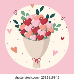 Bouquet with multicolored hearts in craft packaging. Valentines Day greeting card. Vector illustration