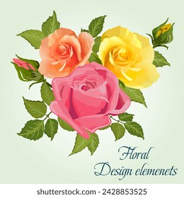 Bouquet of multi-colored roses.Vector illustration with multi-colored roses on a light green background with text. Perfect for wedding invitation, congratulation, advertising flyer.