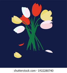 Bouquet of  multicolored tulips isolated on blue background, Illustration , Textile, Plant, Leaf, Wallpaper. vector design