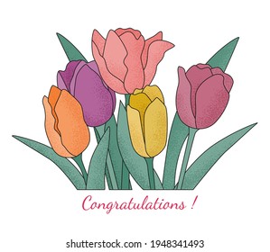 Bouquet of multicolored tulips. Isolated vector flat outline illustration with texture. For postcard, banner, poster, packing