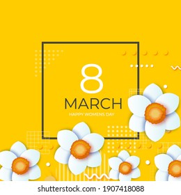 Bouquet of Narcissus Flowers. Happy Womens Day. 8 March. Mothers Day. Spring time paper cut style. Square frame. Yellow background. Space for text. Geometrical shapes.