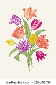 Bouquet of nine colorful tulips on gray background. Vector vintage element for design in the style of European botanical illustrations of the 19th century.