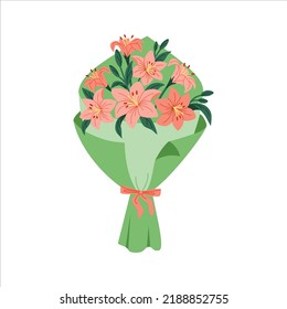 Bouquet of orange lilies in green packaging. Beautiful blooming flowers for congratulation. Holiday present. Hand drawn vector illustration isolated on white background. Modern flat cartoon style.