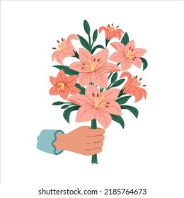 Bouquet of orange lilies in hand. Beautiful blooming flowers for congratulation. Holiday present. Hand drawn colored vector illustration isolated on white background. Modern flat cartoon style.