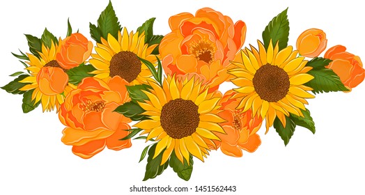 bouquet of orange peonies and yellow sunflowers