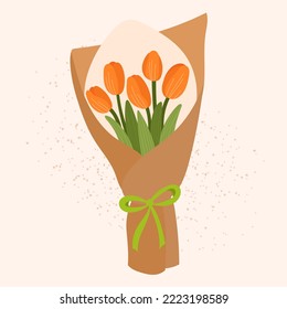 Bouquet of orange tulips in craft packaging vector illustration.