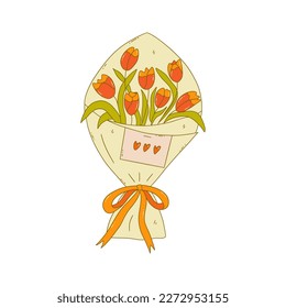 Bouquet of orange tulips in kraft packaging, tied with ribbon. Love note is pinned to paper. Colorful vector isolated illustration hand drawn with outline. Beautiful spring flowers, gift or compliment