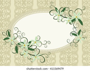 A bouquet of orchids. Background for text with white flowers orchids. Vector illustration of Curling vines of the orchids of vanilla.