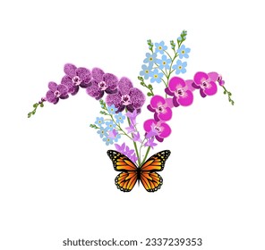 Bouquet of orchids and a butterfly. Vector illustration