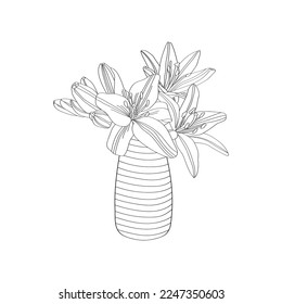 Bouquet of orchids in a vase. Hand draw vector for coloring page