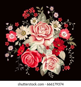 Bouquet with pale roses and red flowers in vintage style