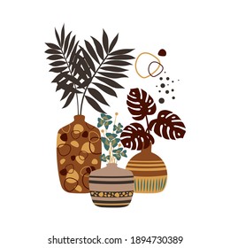 A Bouquet Of Palm Leaves And Exotic Flowers. South African And Tropical Plant In A Vase. Ornament On A Vase. Interior. Vector Illustration. For Posters, Brooches, Cards, Covers, Badges, Notebooks.