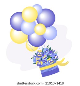 A bouquet of pansies in a box with balloons. Vector clipart.