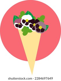 Bouquet of pansies in cone wrapping paper. Stock vector illustration