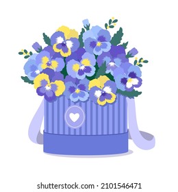 A bouquet of pansies in a gift box. Vector clipart.