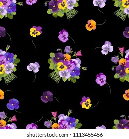 Bouquet of pansies seamless pattern on a black background. Pansy flowers