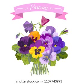 Bouquet of pansies for your design. Vector illustration isolated on a white background. Pansy flowers