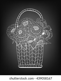 Bouquet of peonies in basket. Hand  drawn floral illustration.