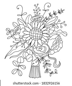 Bouquet of peonies, eucalyptus and sunflower.Anti stress coloring book page for adults or children.Outline vector drawing of flowers.Page of floral pattern in black and white.