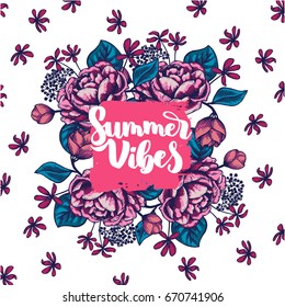 Bouquet of peonies frame, branch, flowers sketch. Illustration isolated on white background. Engraving style. Botanical banner. Lettering summer vibes